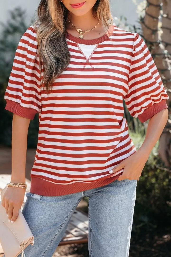 Burnt Coral Striped puff sleeve top with crew neck and ribbed hem