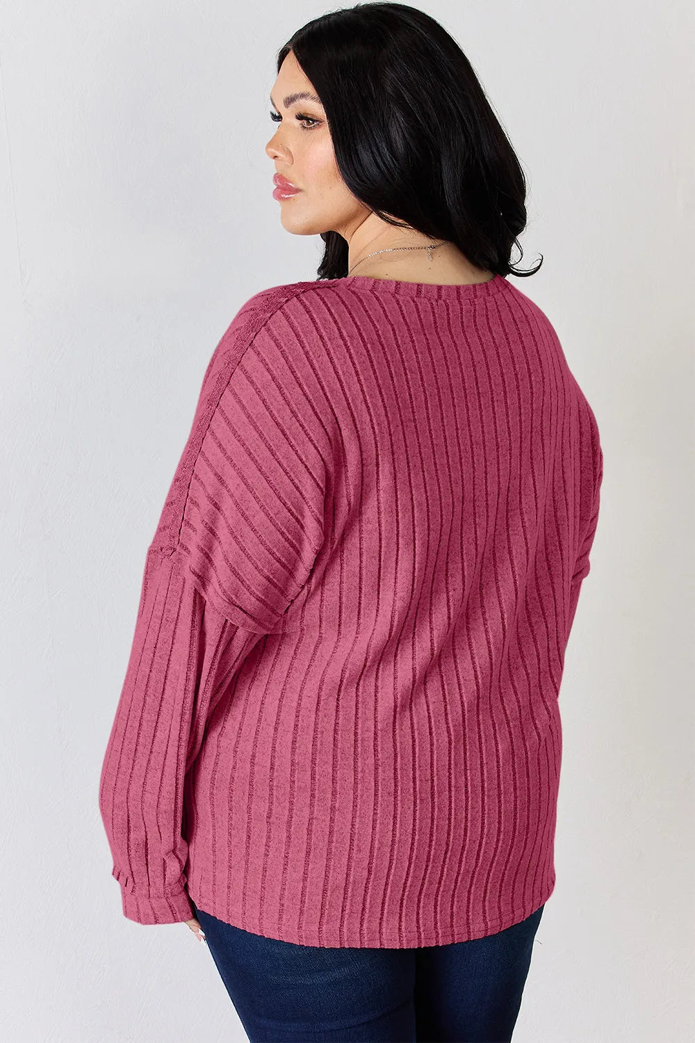 Ribbed knit half-button henley long sleeve top