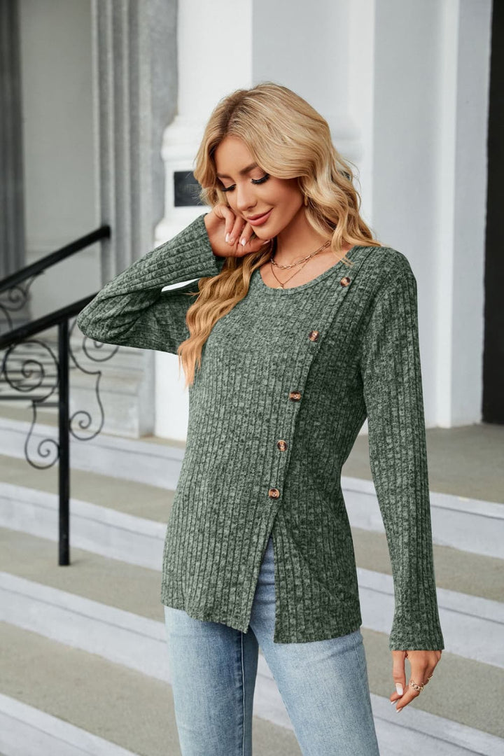 Ribbed knit long sleeve top with side buttons and slit hem
