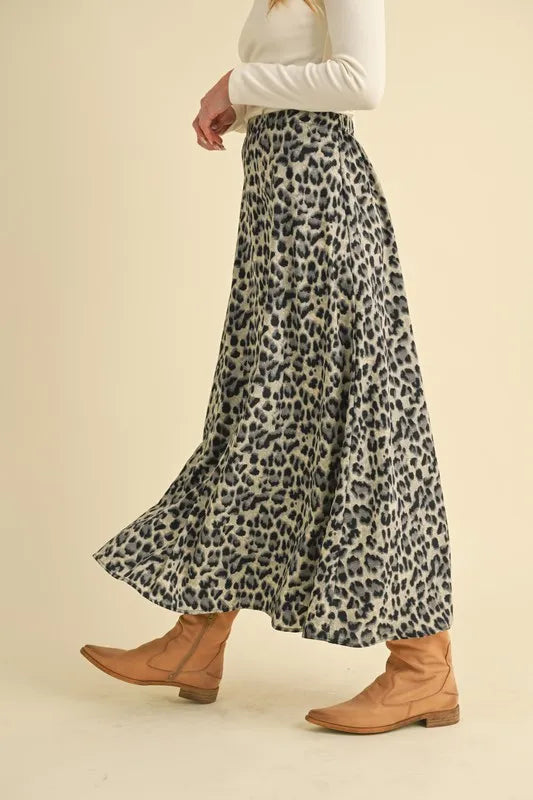 Flowy leopard print A-line midi skirt