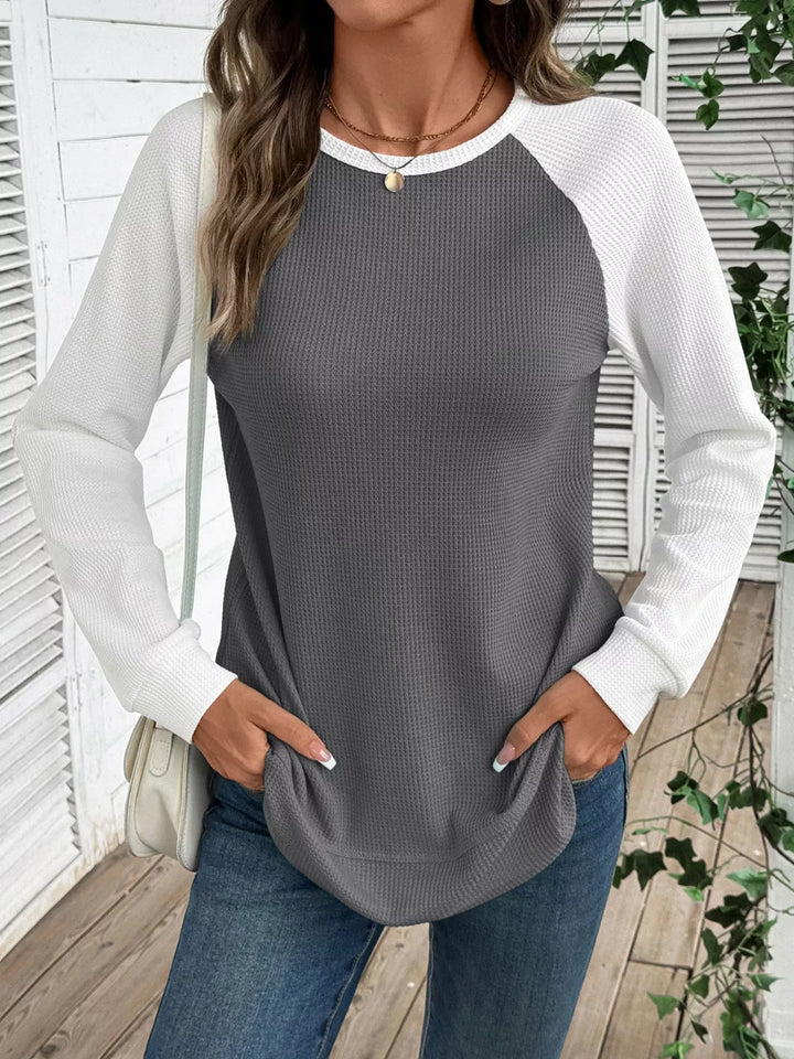 Waffle knit long sleeve raglan tunic top