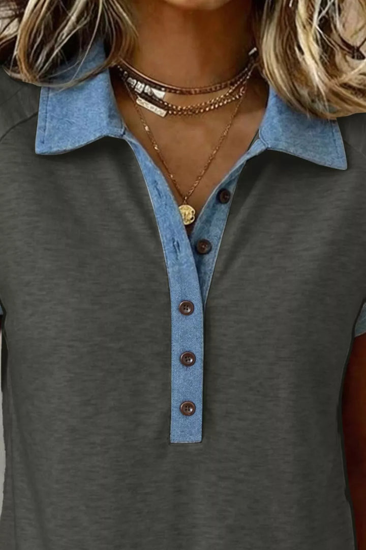 Color block polo tee with denim contrast collar and button placket