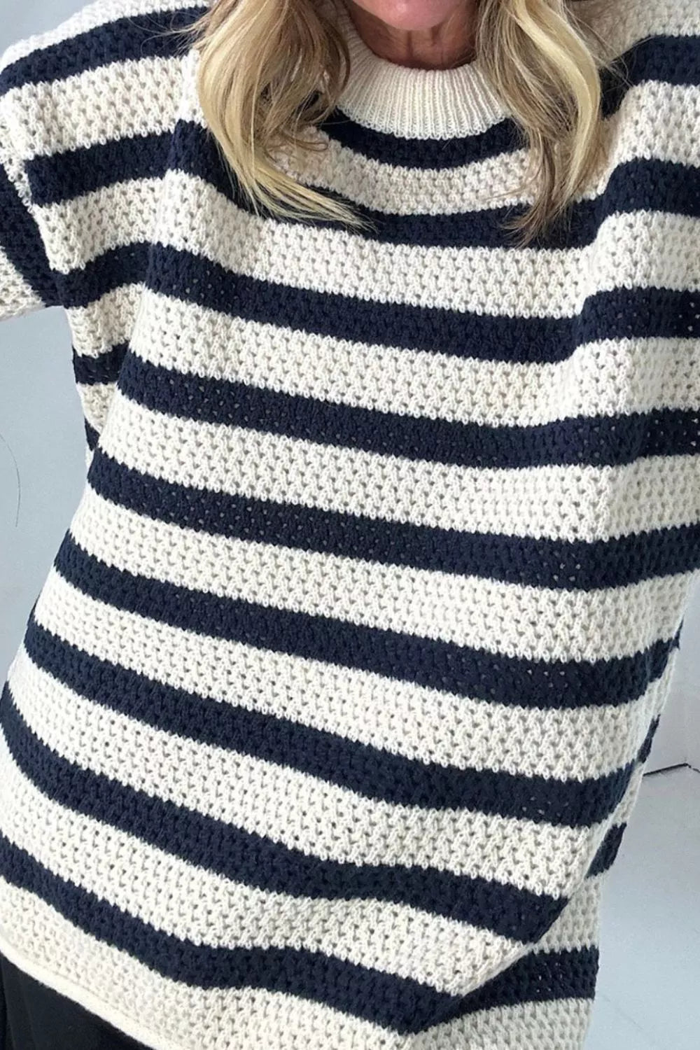 Striped waffle knit dropped shoulder sweater