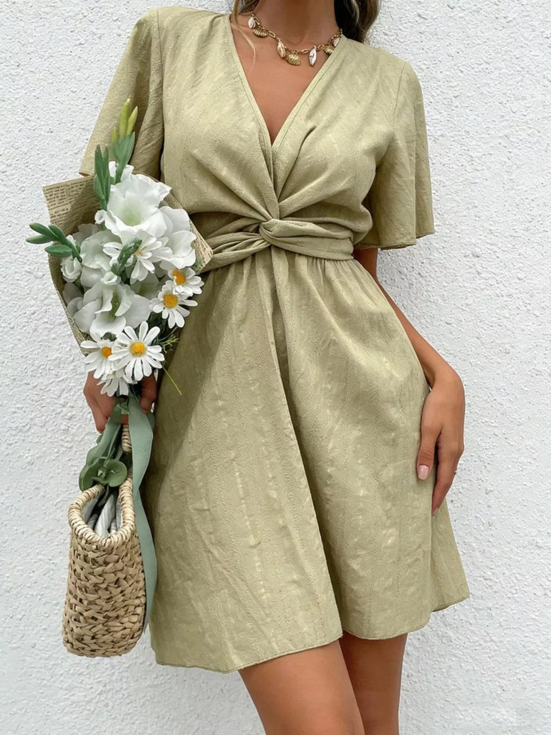 Twist-waist flutter sleeve V-neck mini dress