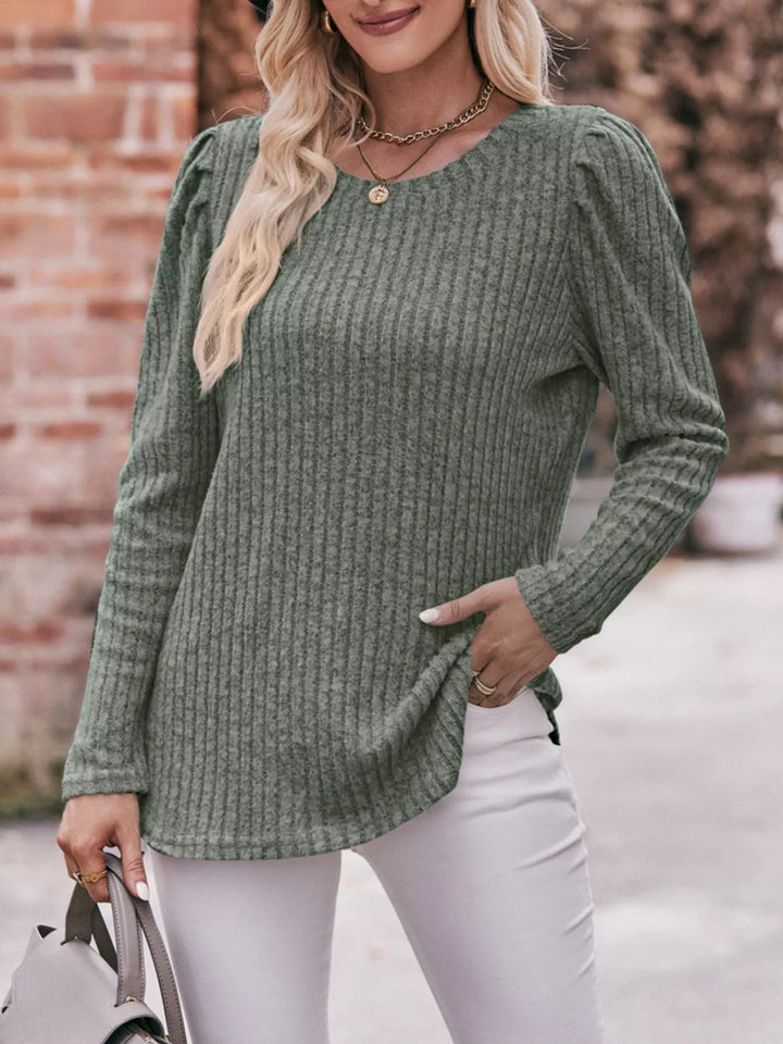 Moss Ribbed knit long sleeve top with puff shoulders