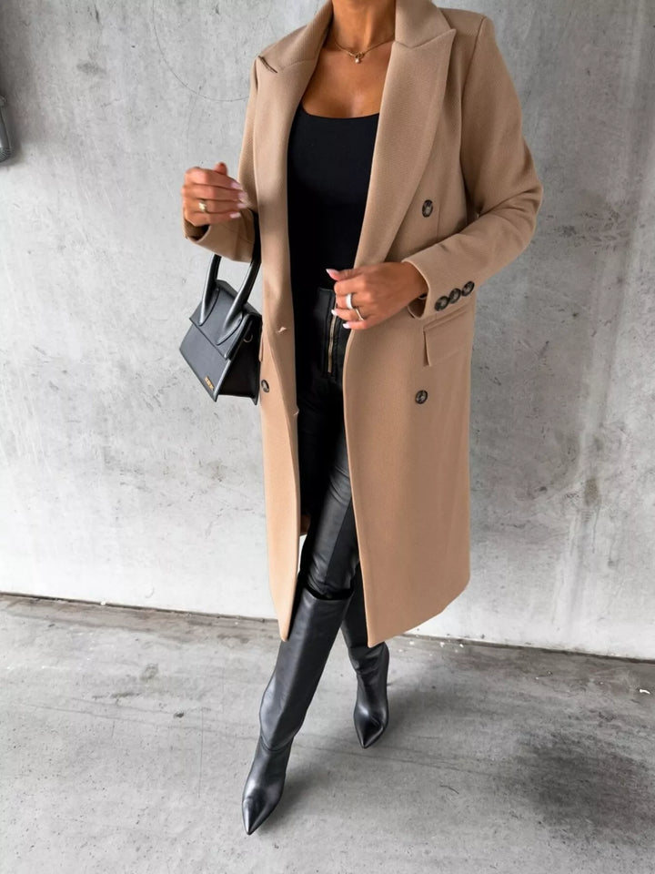 Double-breasted longline coat with notch lapel and flap pockets