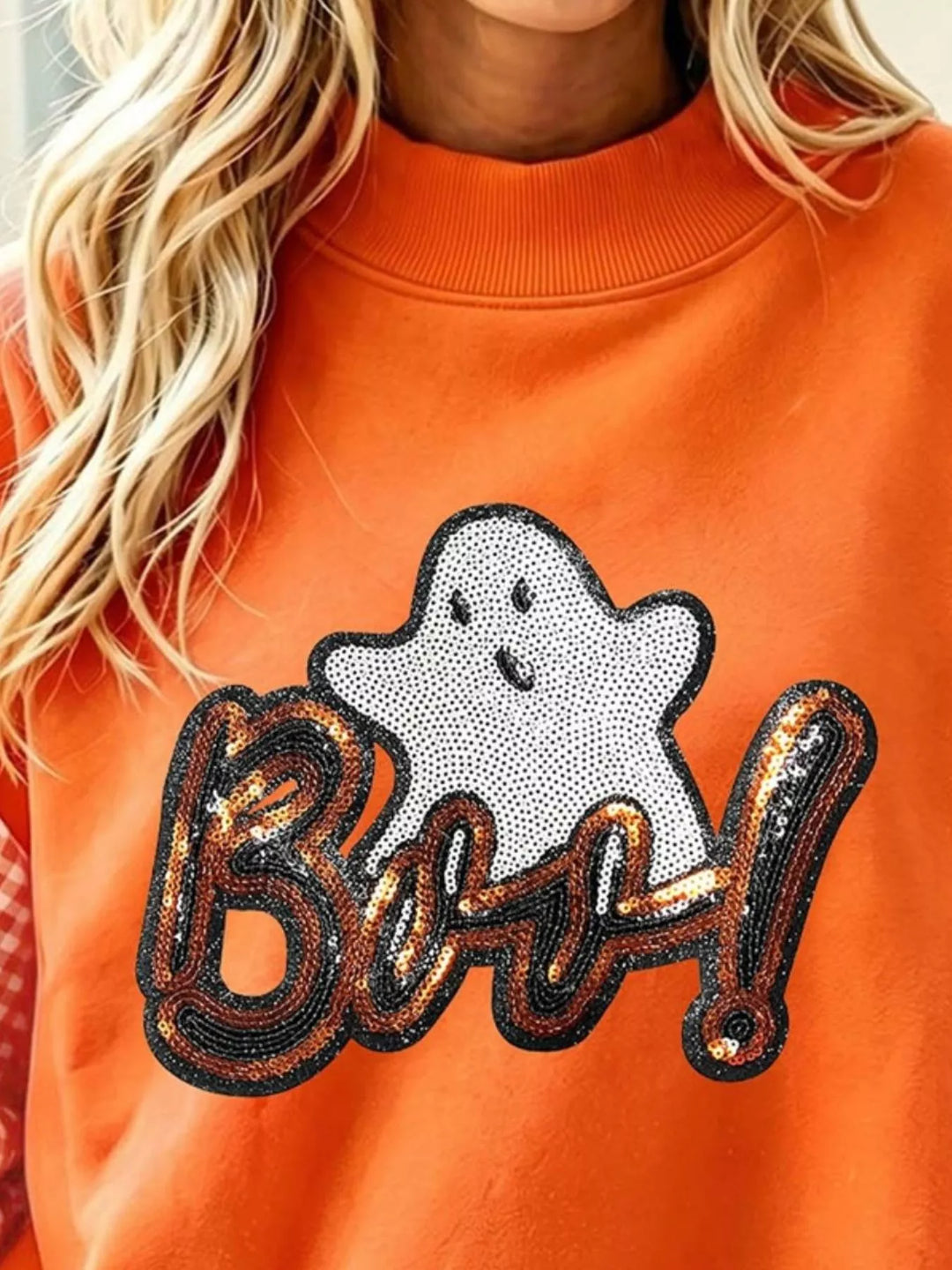 Sequin ghost graphic sweatshirt with gingham patchwork sleeves