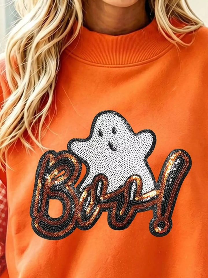 Sequin ghost graphic sweatshirt with gingham patchwork sleeves