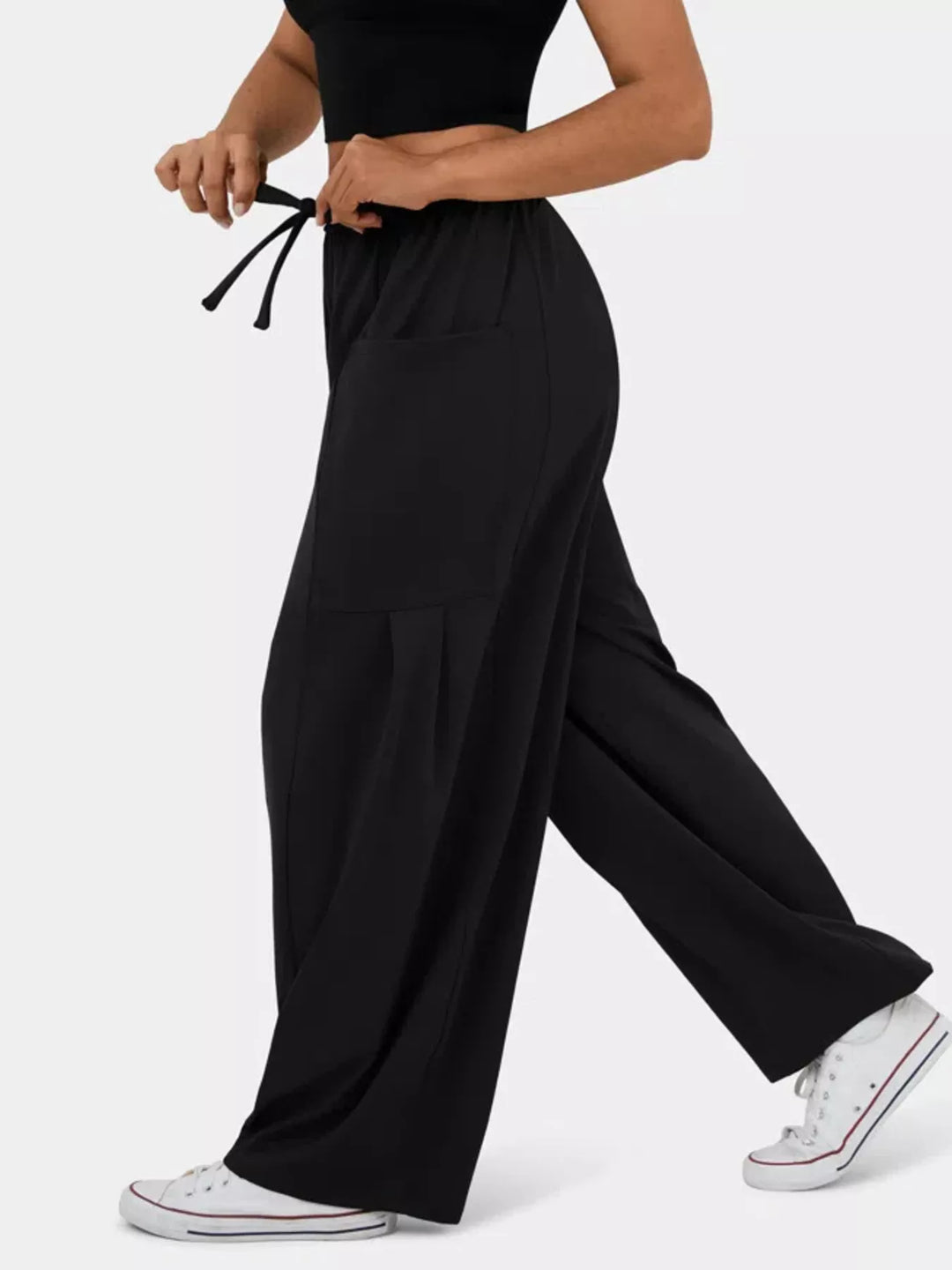 High-rise drawstring wide-leg pants with patch pockets