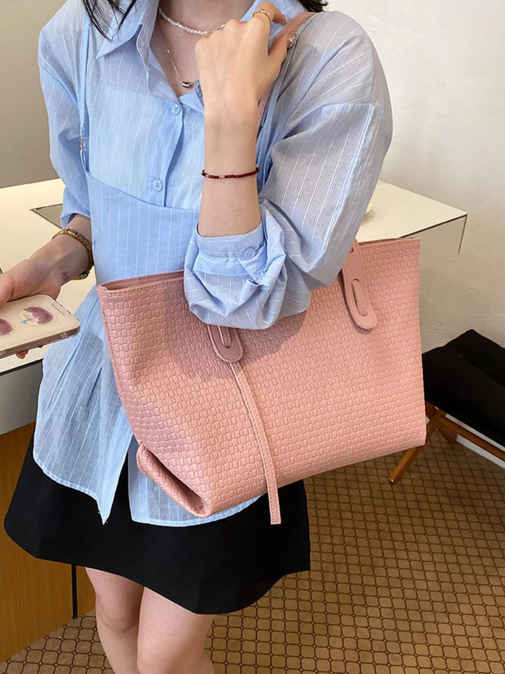 Woven texture faux leather large shoulder tote bag