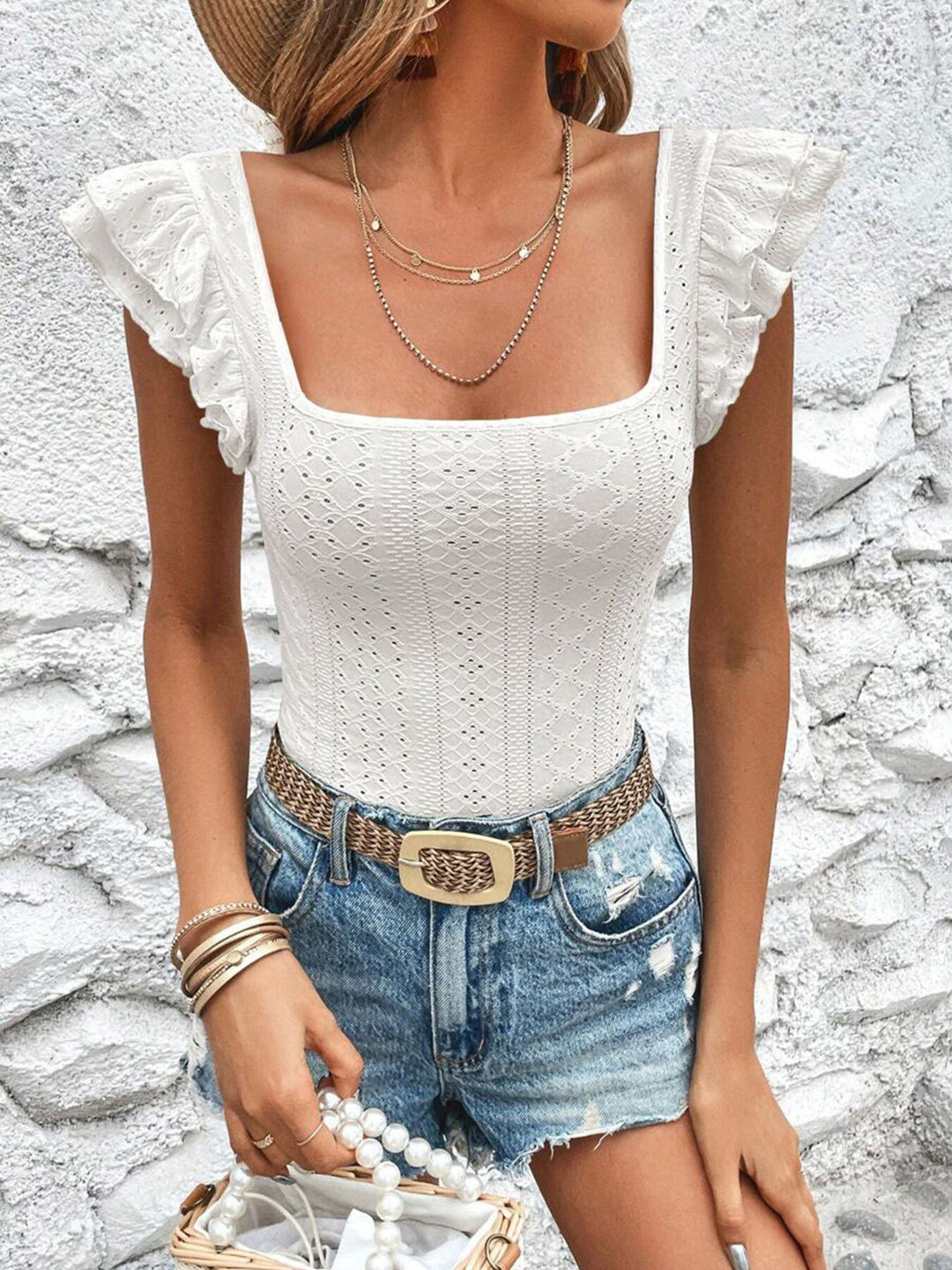 Square neck eyelet top with ruffle cap sleeves