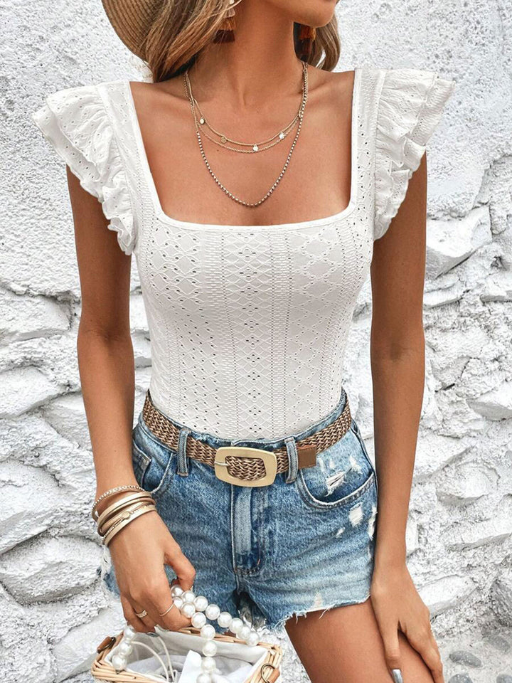 Square neck eyelet top with ruffle cap sleeves