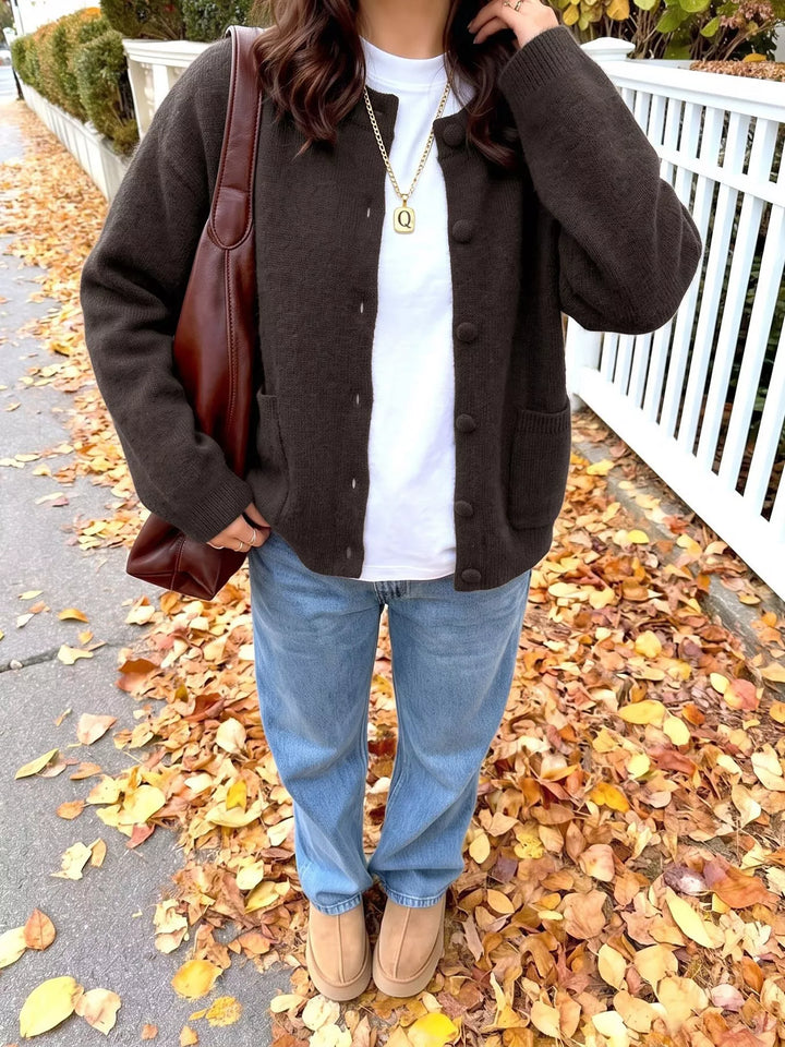 Crew neck button-up knit cardigan with patch pockets