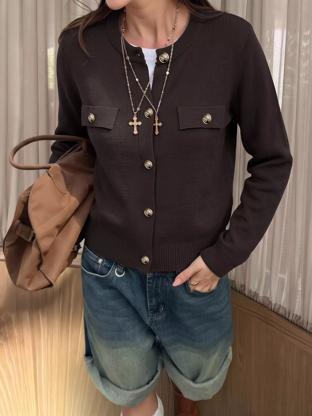 Gold-button knit cardigan with flap chest pockets