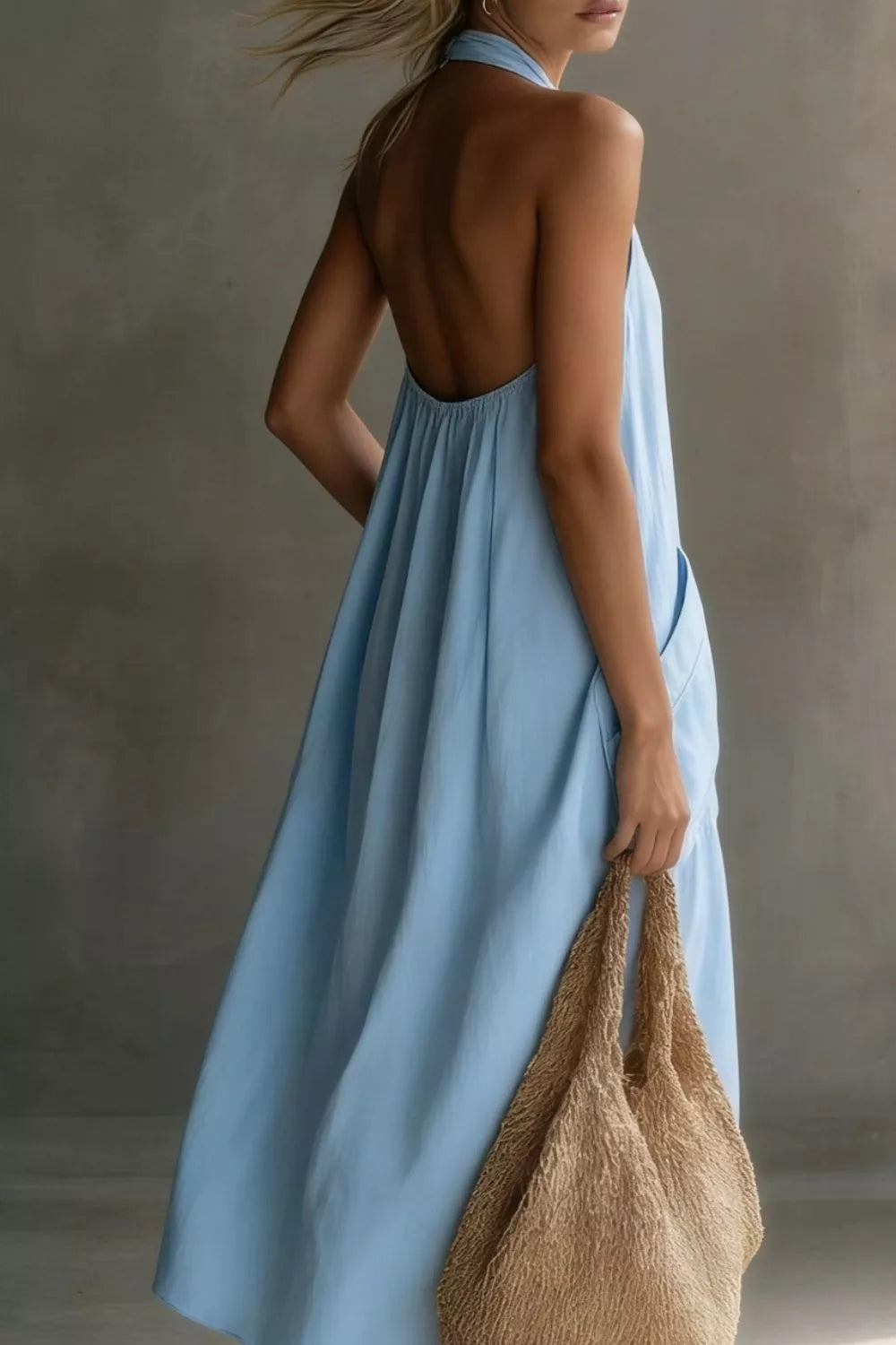 Relaxed halter neck midi dress with patch pockets