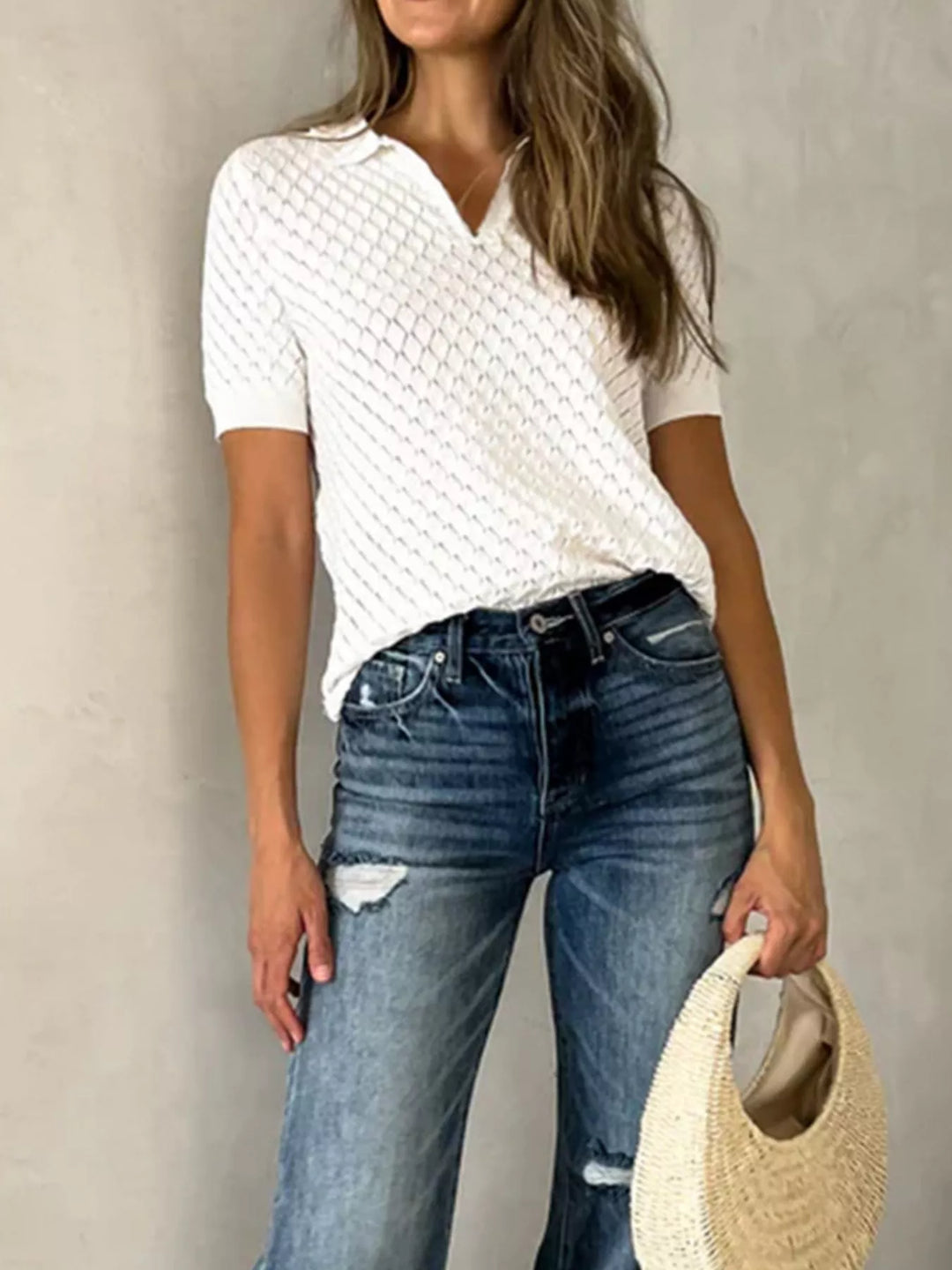 Textured pointelle knit collared short sleeve top