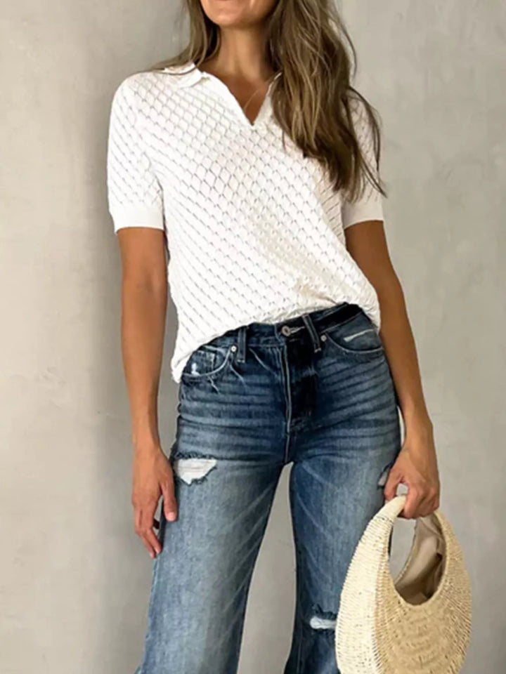 Textured pointelle knit collared short sleeve top