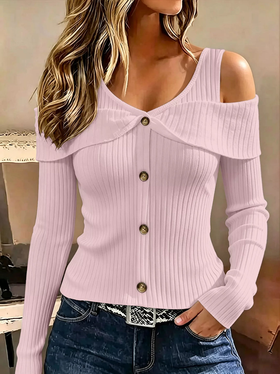 Pink Cold shoulder ribbed knit top with foldover collar and buttons