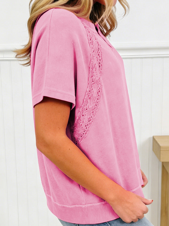 Mineral wash lace patchwork tee with notched neck