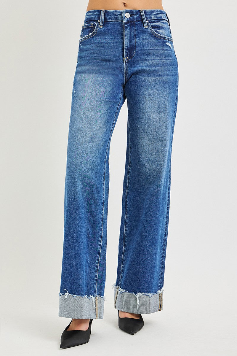MEDIUM High rise wide leg jeans with raw cuffed hem