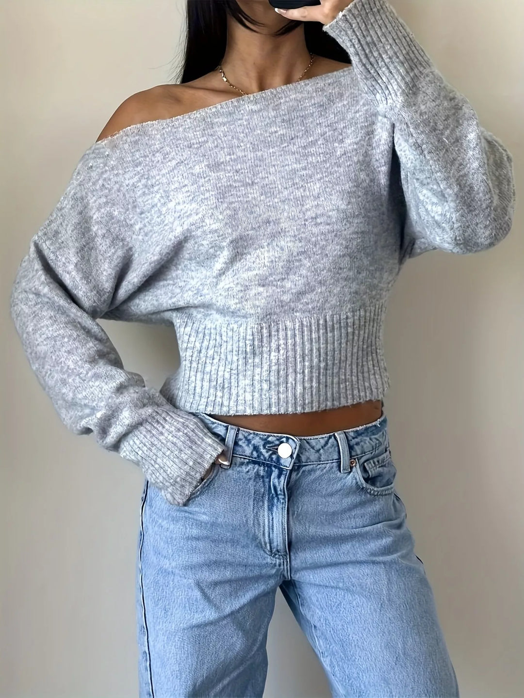 Boat neck cropped sweater with ribbed hem and long sleeves