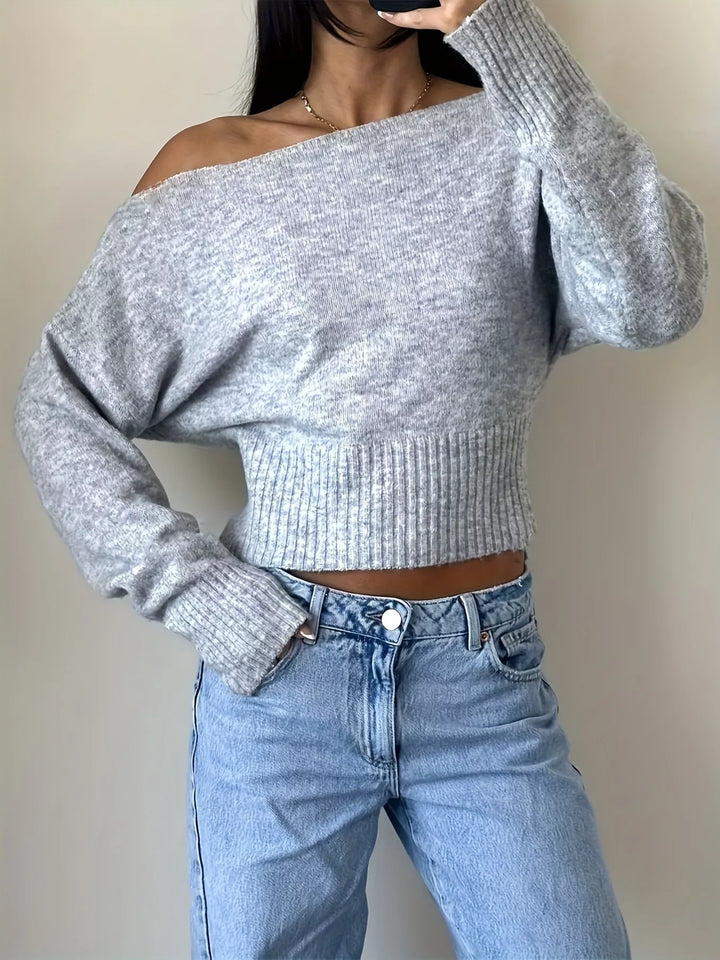 Boat neck cropped sweater with ribbed hem and long sleeves