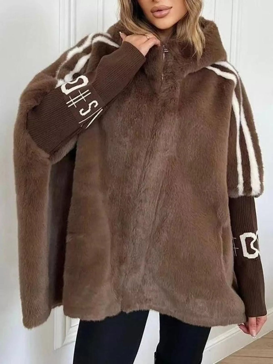 Brown Hooded faux fur coat with striped trim and knit sleeves