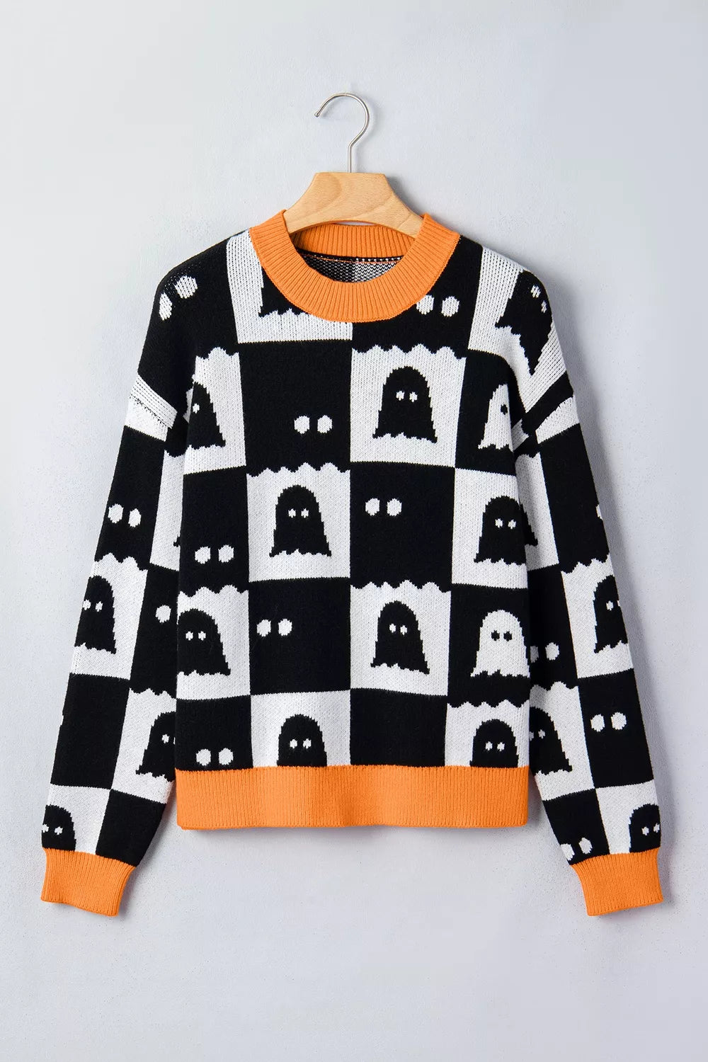 Ghost checkerboard knit sweater with contrast ribbed trim