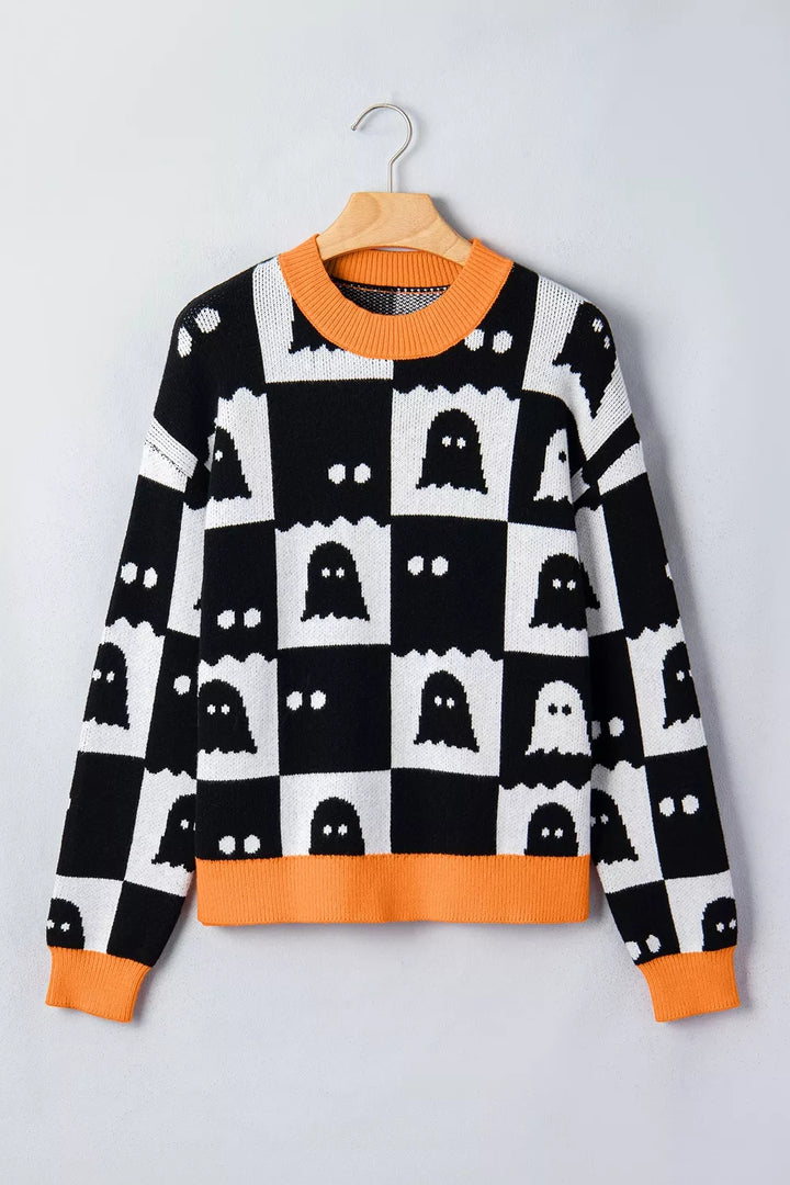 Ghost checkerboard knit sweater with contrast ribbed trim