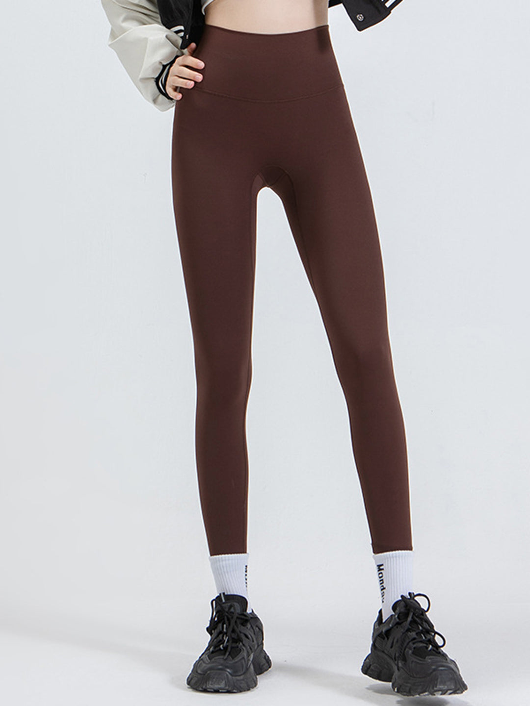 Chocolate High-rise sports leggings with wide yoke waistband