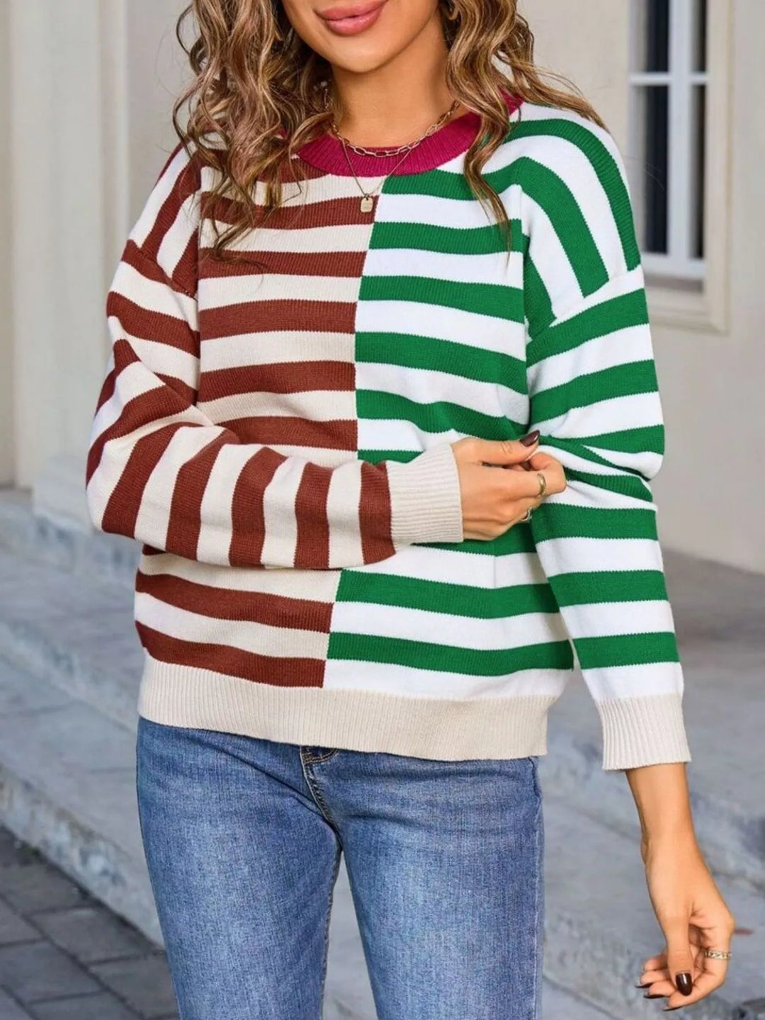 Colorblock striped crewneck sweater with contrast collar