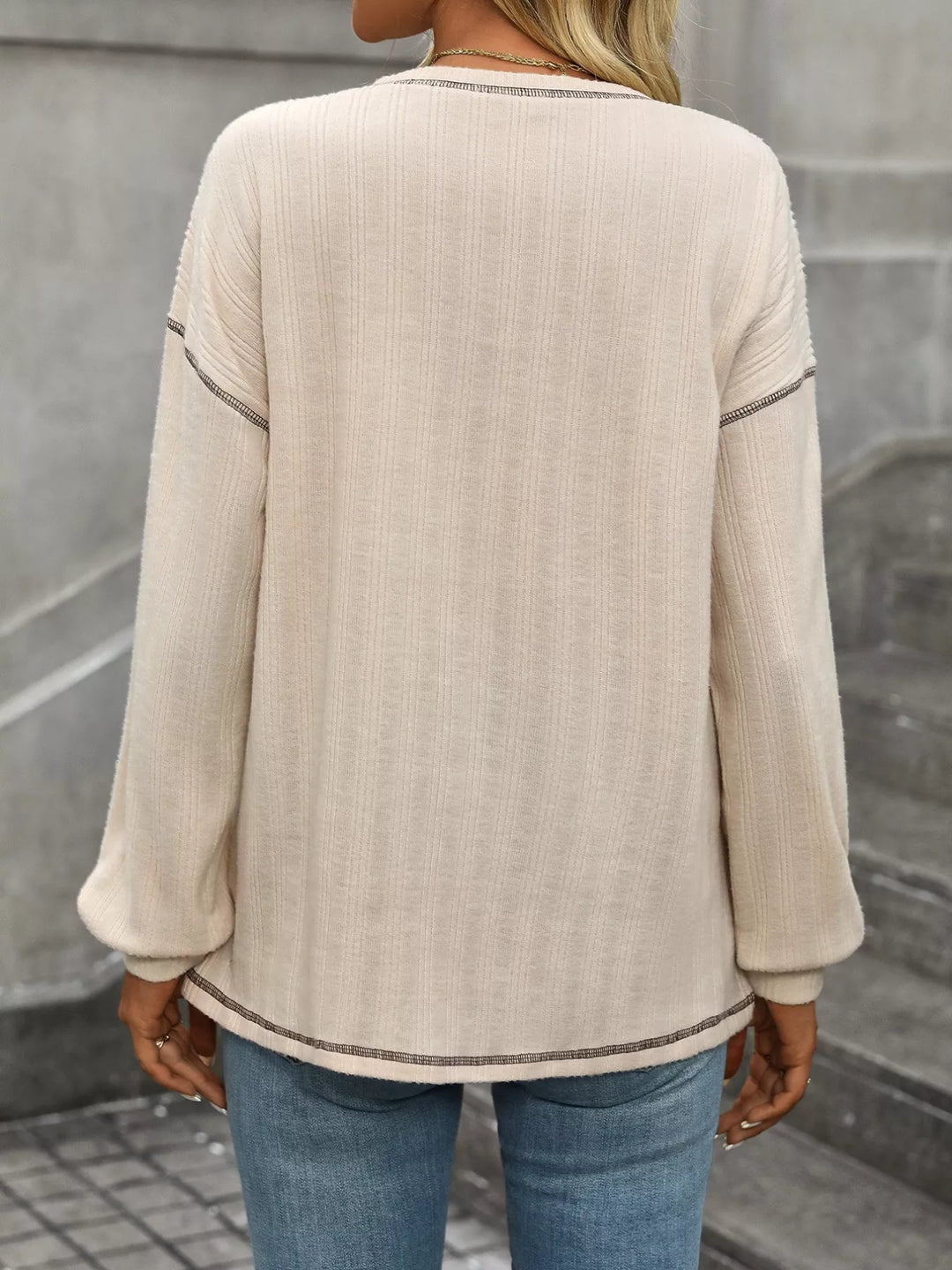 Contrast stitch long sleeve top with patch pocket