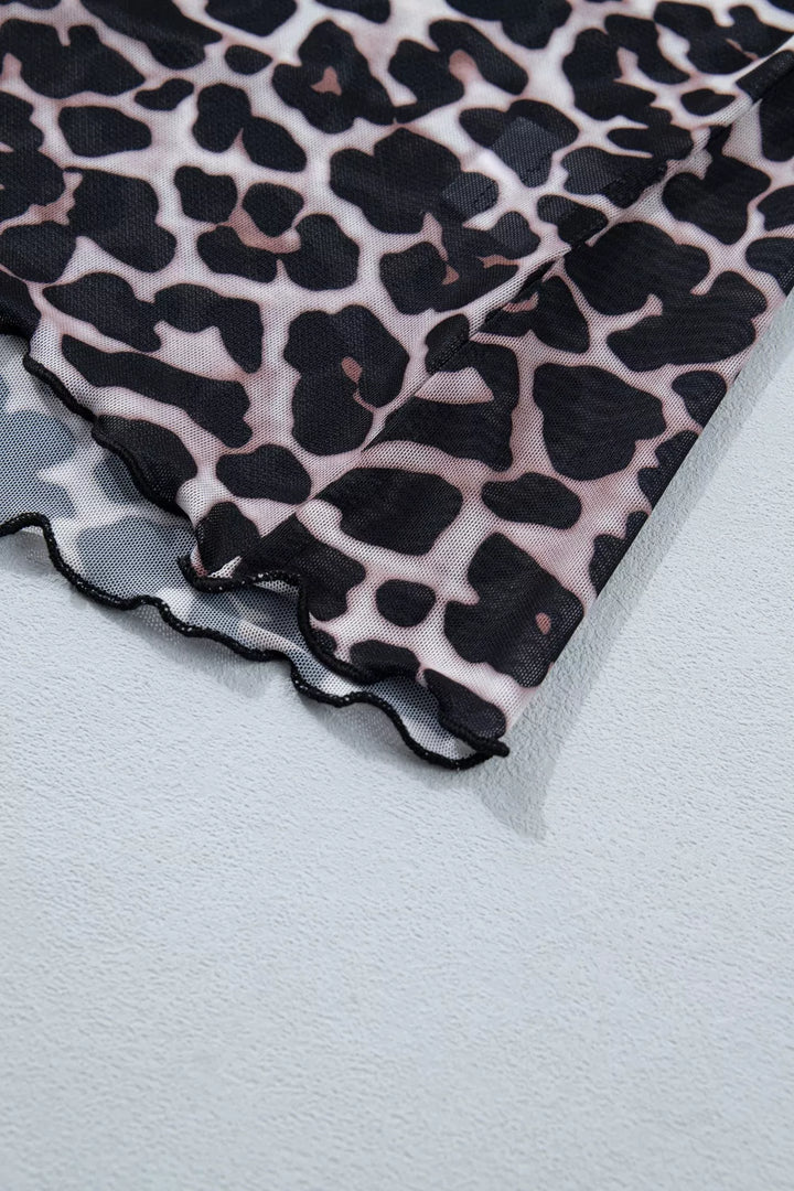 Sheer mesh leopard print fitted short sleeve top