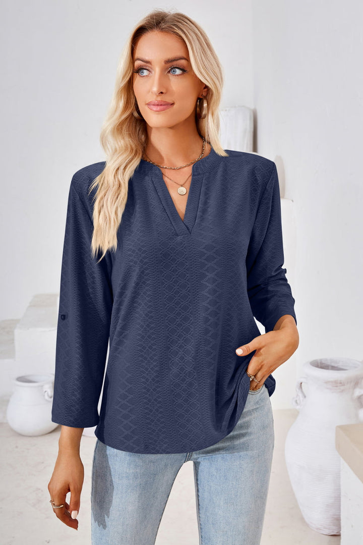 Dark Blue Textured split v-neck blouse with roll-tab sleeves
