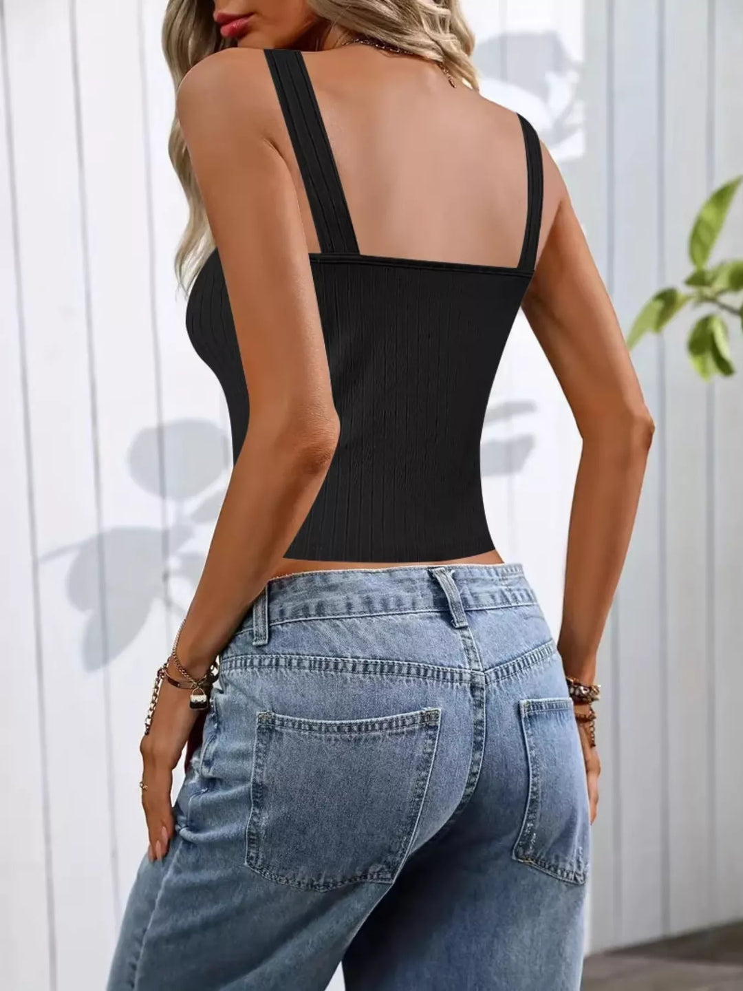 Ribbed scoop neck crop tank with pearl strap buttons