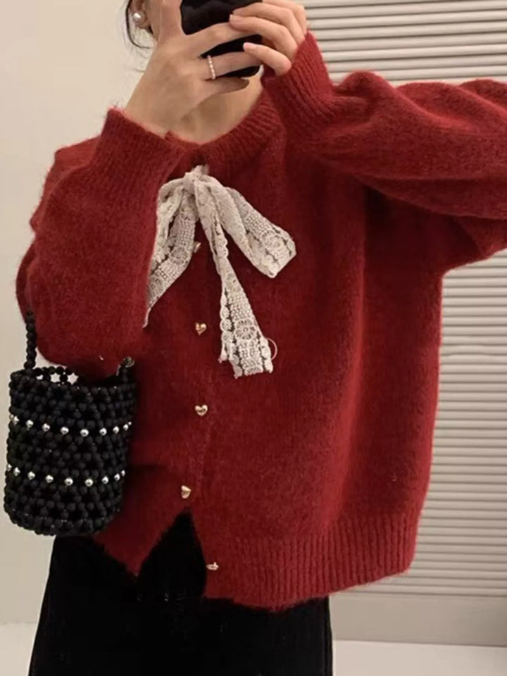 Lace bow knit cardigan with gold heart buttons
