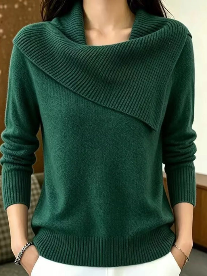 Green Asymmetric foldover ribbed collar knit pullover sweater