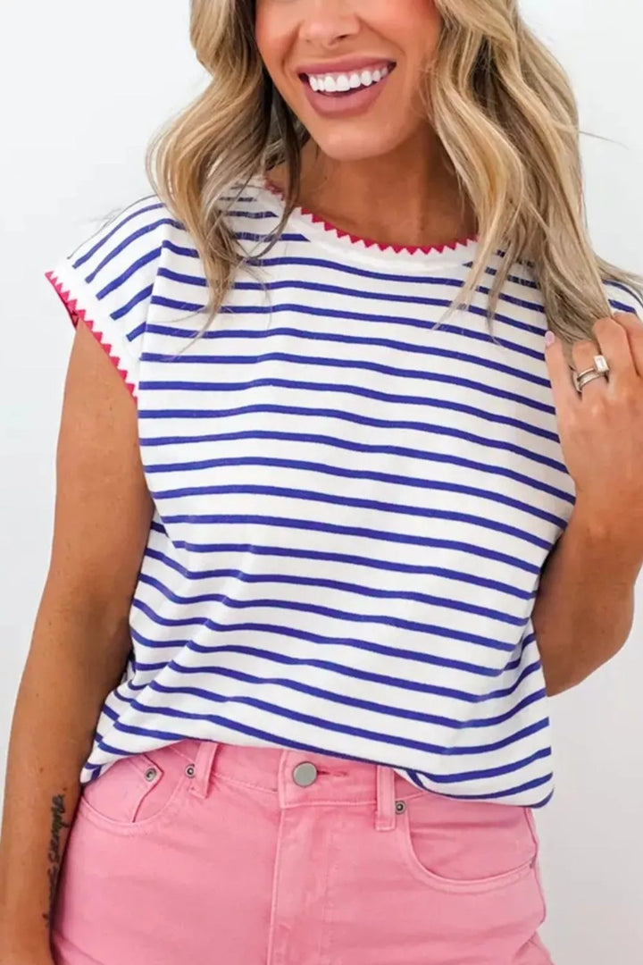 Striped cap sleeve tee with contrast zigzag trim