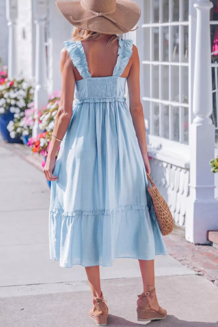 Ruffle strap square neck high waist tiered midi dress