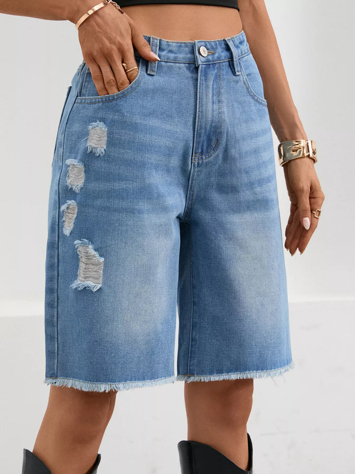 Light Blue Distressed high-rise denim bermuda shorts with frayed hem