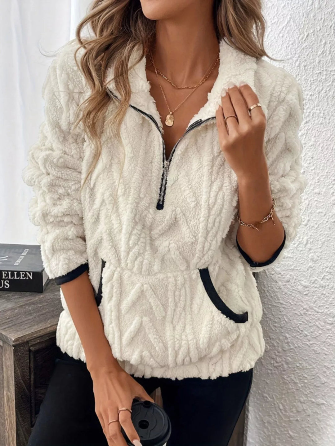 White Textured sherpa half-zip pullover with contrast trim