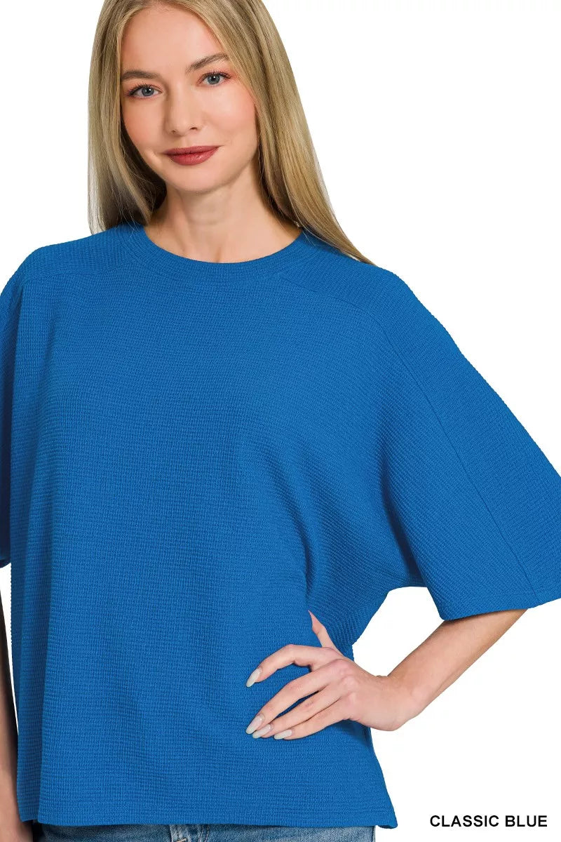 Waffle knit boxy short sleeve top with drop shoulders