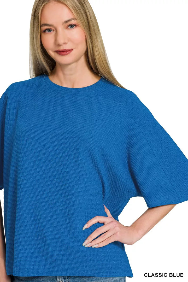 Waffle knit boxy short sleeve top with drop shoulders