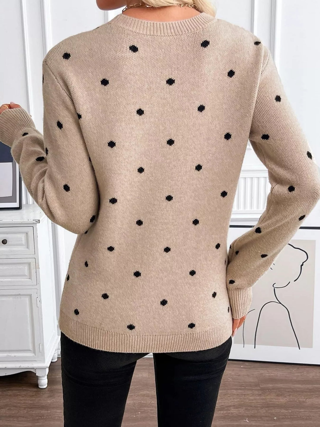 Polka dot knit crew neck pullover sweater