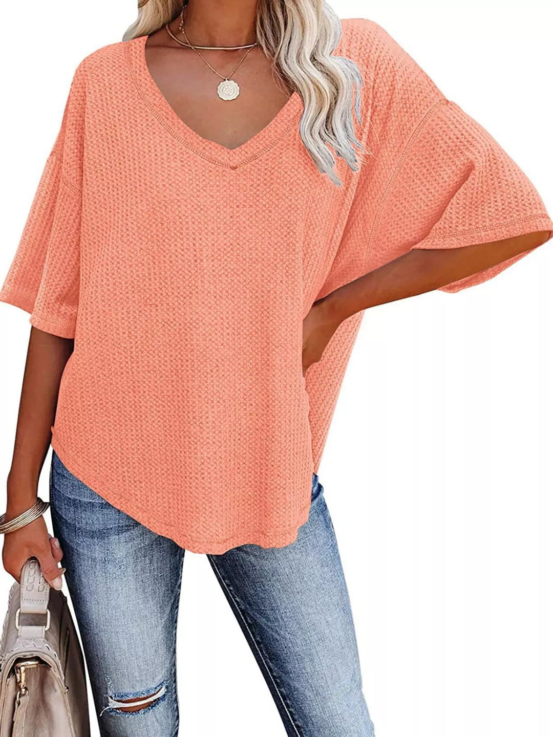 Waffle knit v-neck drop shoulder short sleeve tee