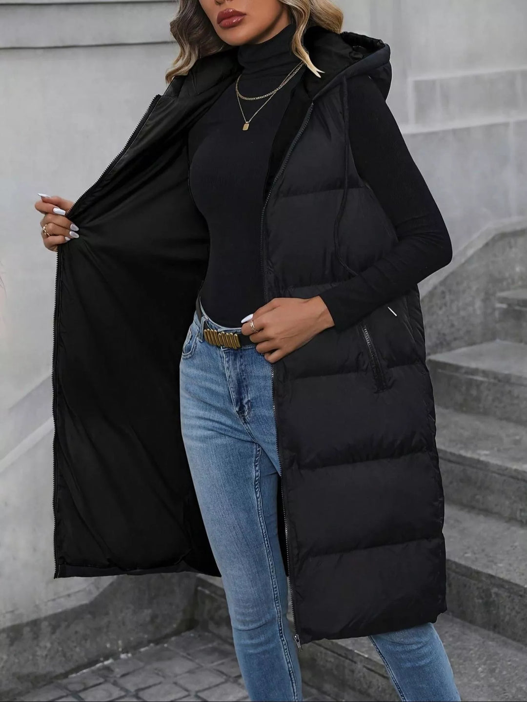 Longline hooded puffer vest with zip pockets