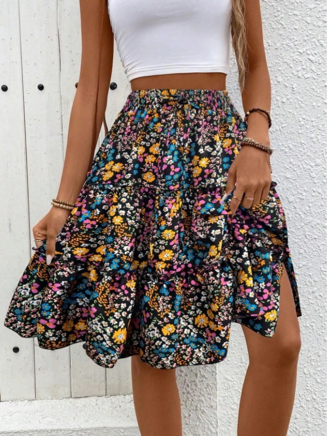 Color Floral print tiered ruffle mini skirt