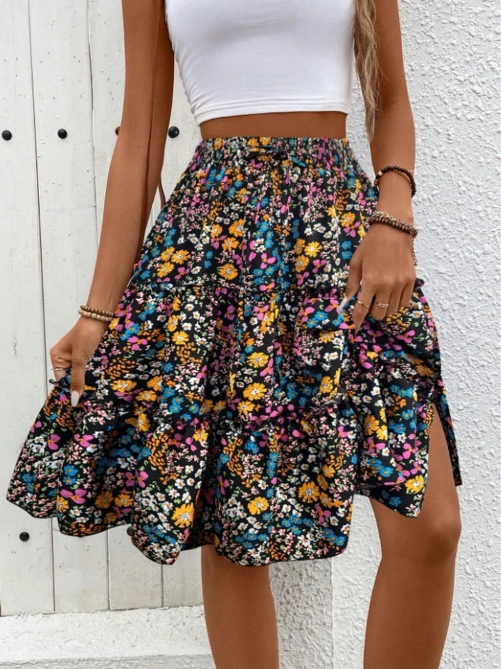 Color Floral print tiered ruffle mini skirt