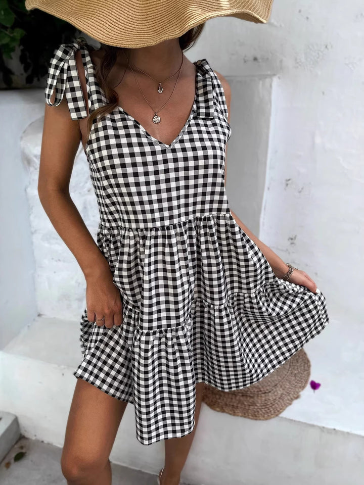 Black Gingham tie-shoulder tiered babydoll mini dress
