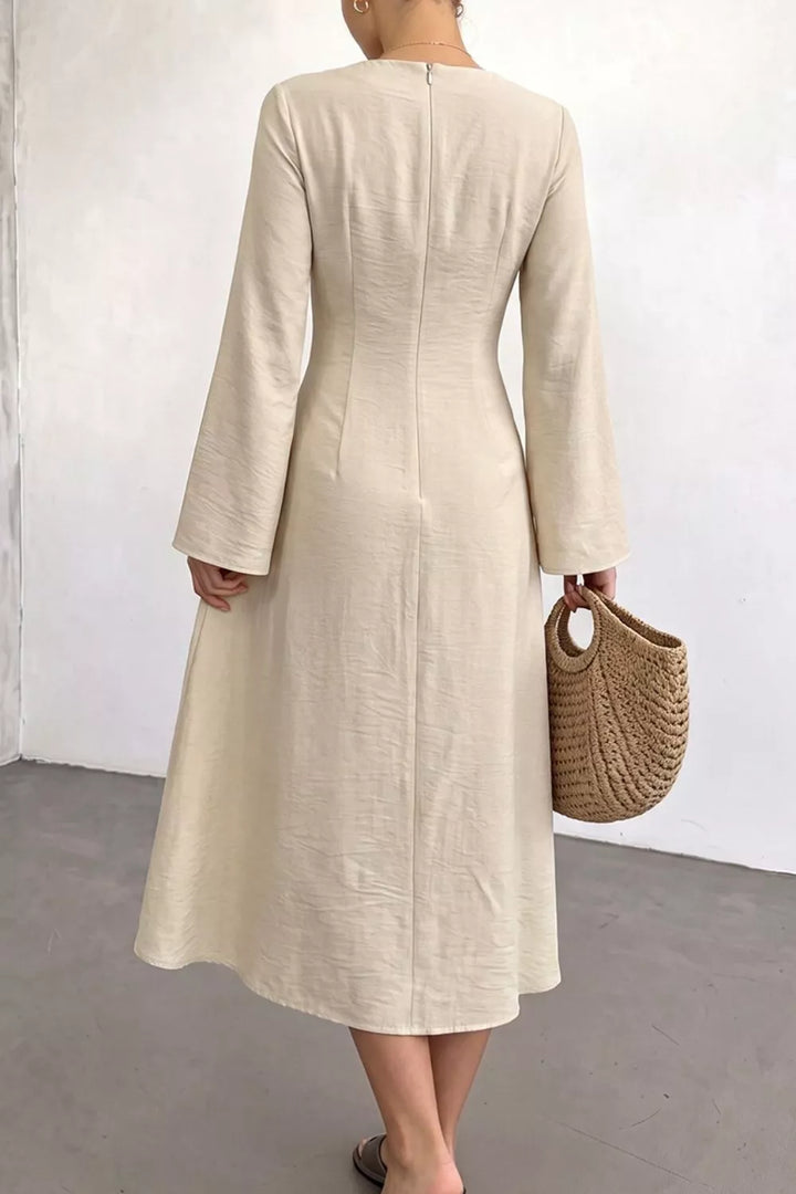 Ruched waist midi dress with rosette and long sleeves